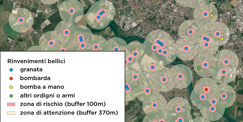 Carta del rischio bellico con localizzazione dei rinvenimenti storici e buffer delle zone di rischio e attenzione