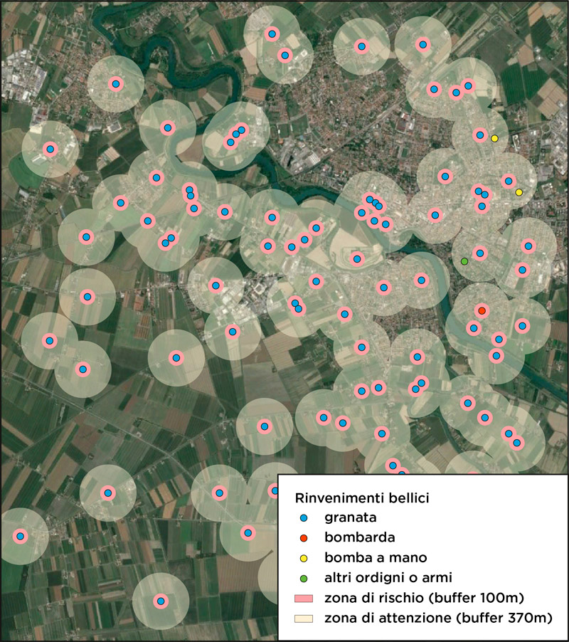 Carta del rischio bellico con localizzazione dei rinvenimenti storici e buffer delle zone di rischio e attenzione